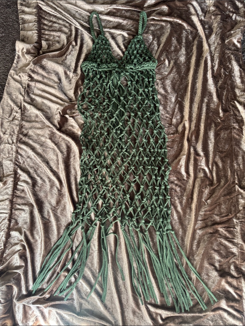 🥥🐚🪸Handmade Forest Green Crochet Fringe Dress swimsuit cover